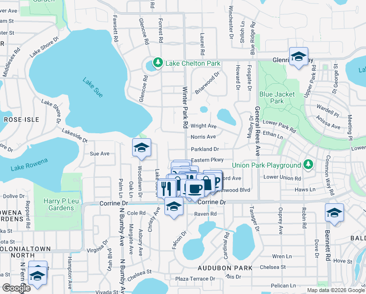 map of restaurants, bars, coffee shops, grocery stores, and more near 2415 Winter Park Road in Winter Park