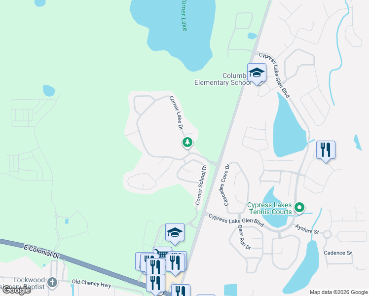map of restaurants, bars, coffee shops, grocery stores, and more near 16007 Corner Lake Drive in Orlando