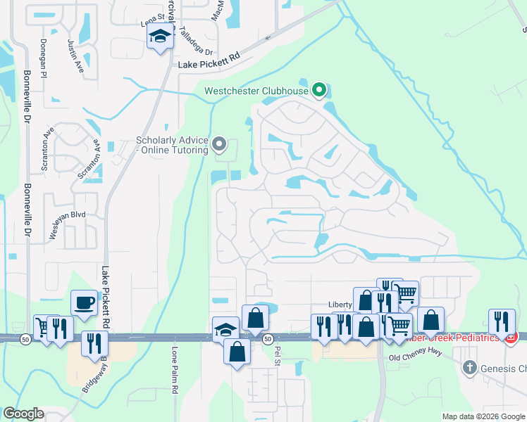 map of restaurants, bars, coffee shops, grocery stores, and more near 14200-14302 Augusta Road in Orlando