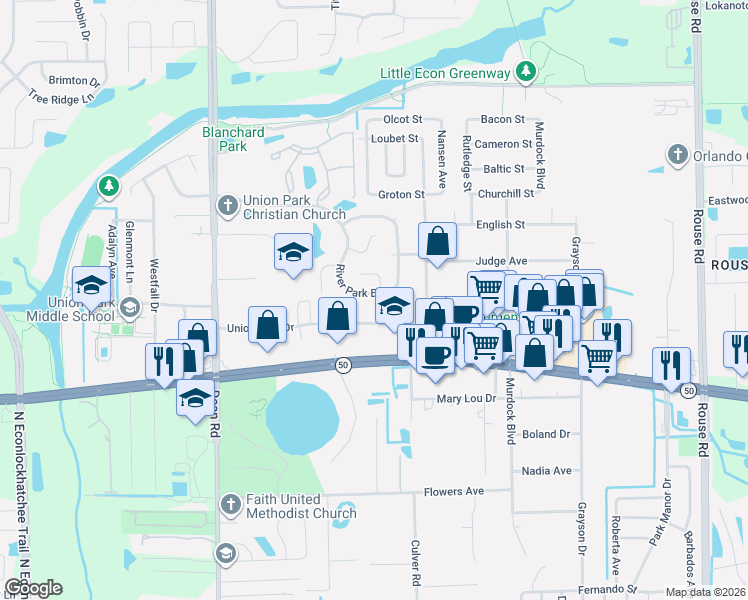 map of restaurants, bars, coffee shops, grocery stores, and more near 2074 River Park Boulevard in Orlando