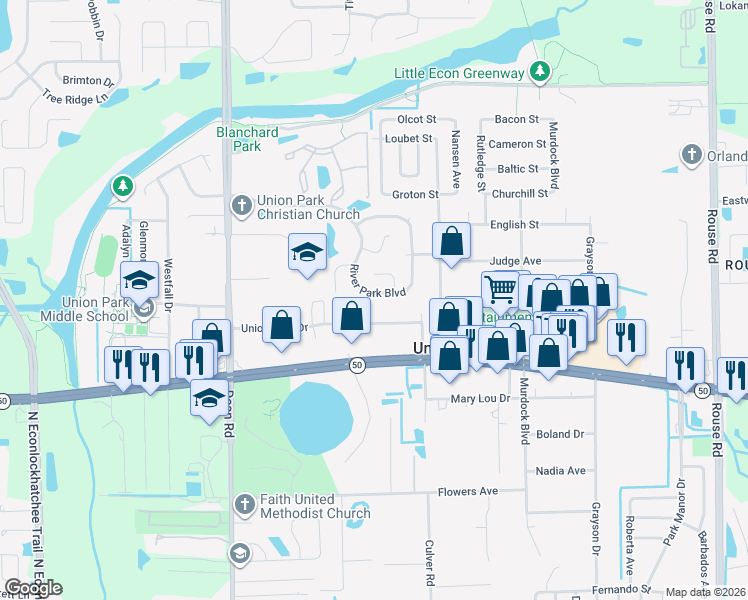 map of restaurants, bars, coffee shops, grocery stores, and more near 2074 River Park Boulevard in Orlando