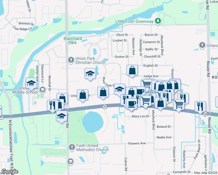 map of restaurants, bars, coffee shops, grocery stores, and more near 2074 River Park Boulevard in Orlando