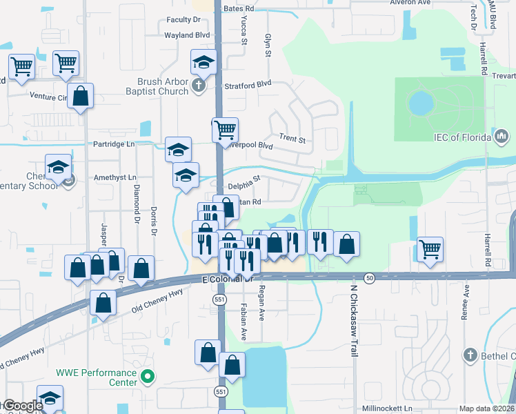 map of restaurants, bars, coffee shops, grocery stores, and more near 7708 Puritan Road in Orlando