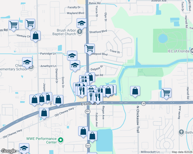 map of restaurants, bars, coffee shops, grocery stores, and more near 7602 Puritan Road in Orlando