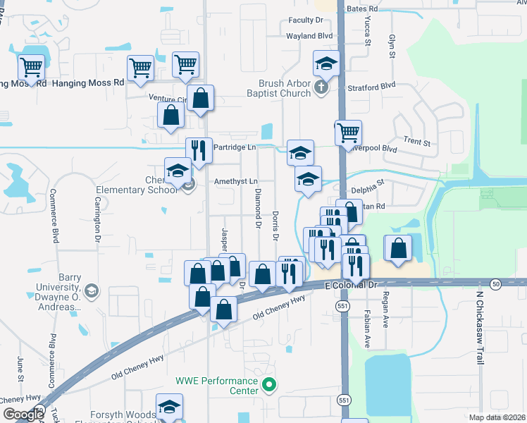 map of restaurants, bars, coffee shops, grocery stores, and more near 7219 Dominion Avenue in Orlando