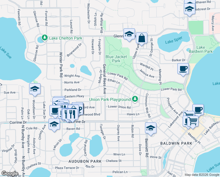 map of restaurants, bars, coffee shops, grocery stores, and more near 3676 Parkland Drive in Orlando