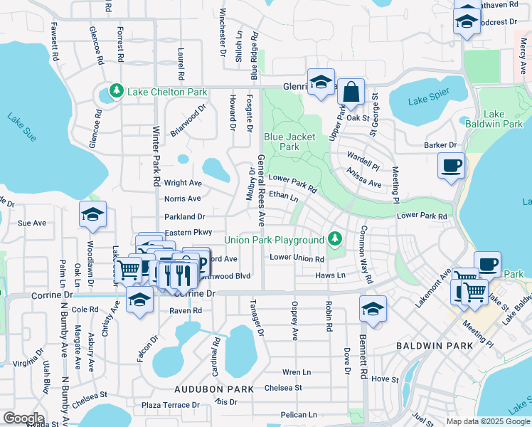 map of restaurants, bars, coffee shops, grocery stores, and more near 3676 Parkland Drive in Orlando