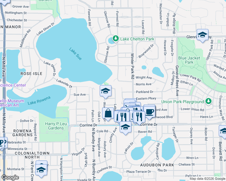 map of restaurants, bars, coffee shops, grocery stores, and more near 2312 Lake Sue Drive in Orlando