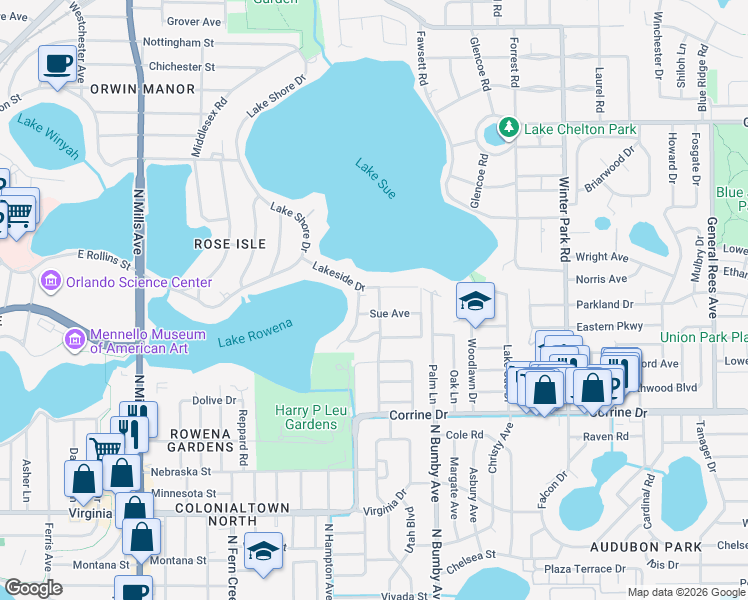 map of restaurants, bars, coffee shops, grocery stores, and more near 2209 Merritt Park Drive in Orlando