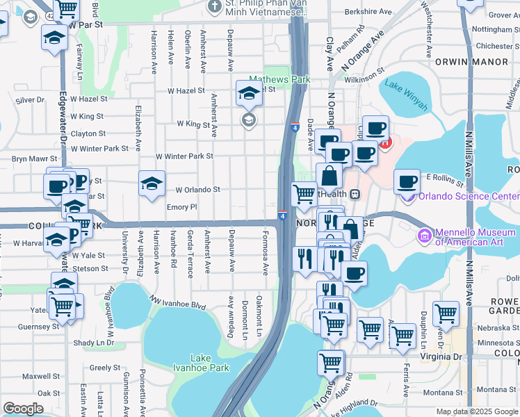 map of restaurants, bars, coffee shops, grocery stores, and more near 2219 Musselwhite Avenue in Orlando