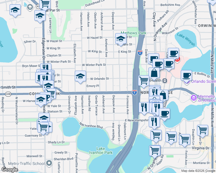 map of restaurants, bars, coffee shops, grocery stores, and more near 2218 Depauw Avenue in Orlando