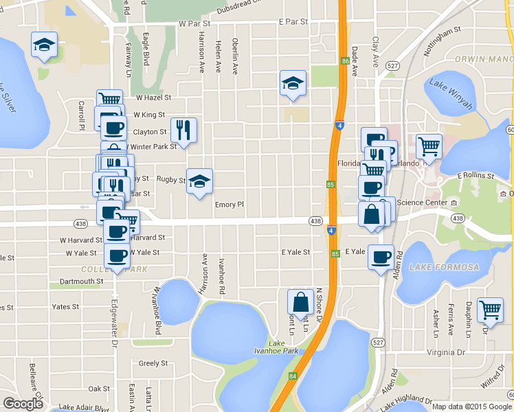 map of restaurants, bars, coffee shops, grocery stores, and more near 2215 Oberlin Avenue in Orlando