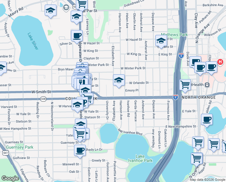 map of restaurants, bars, coffee shops, grocery stores, and more near 2221 Princeton Court in Orlando