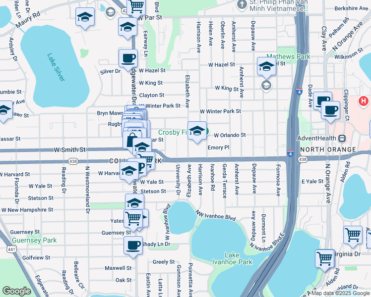 map of restaurants, bars, coffee shops, grocery stores, and more near 2221 Princeton Court in Orlando
