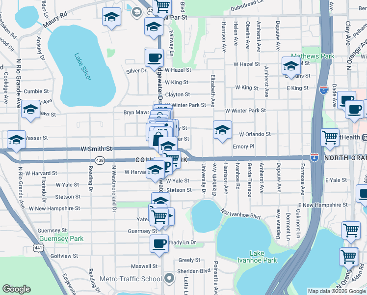map of restaurants, bars, coffee shops, grocery stores, and more near 603 West Smith Street in Orlando