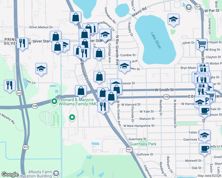map of restaurants, bars, coffee shops, grocery stores, and more near 1601 West Princeton Street in Orlando