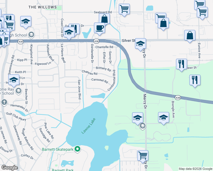 map of restaurants, bars, coffee shops, grocery stores, and more near 4210 Carousel Road in Orlando