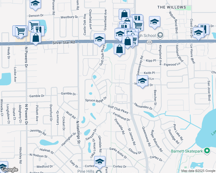 map of restaurants, bars, coffee shops, grocery stores, and more near 5618 Piney Ridge Drive in Orlando