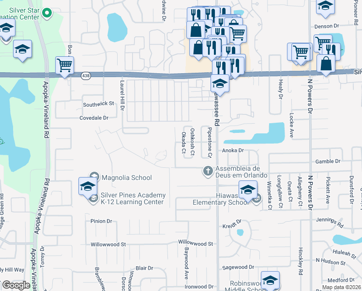 map of restaurants, bars, coffee shops, grocery stores, and more near 2250 Oshkosh Court in Orlando