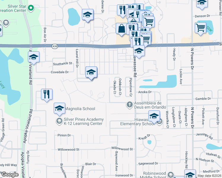 map of restaurants, bars, coffee shops, grocery stores, and more near 2250 Wautoma Place in Orlando
