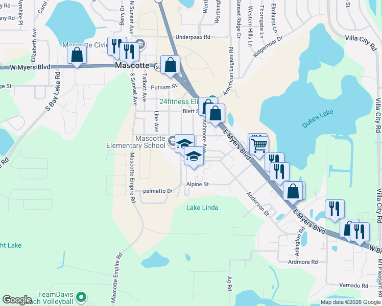 map of restaurants, bars, coffee shops, grocery stores, and more near 442 Nan Dell Avenue in Mascotte