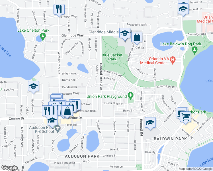 map of restaurants, bars, coffee shops, grocery stores, and more near 3676 Parkland Drive in Orlando