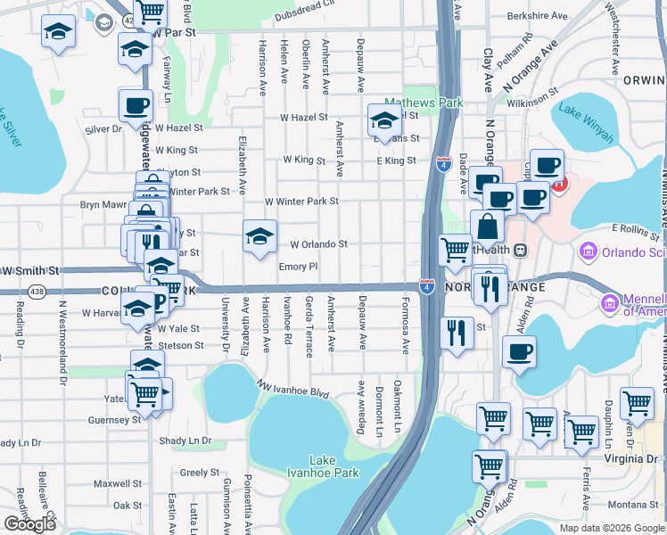 map of restaurants, bars, coffee shops, grocery stores, and more near 2215 Oberlin Avenue in Orlando