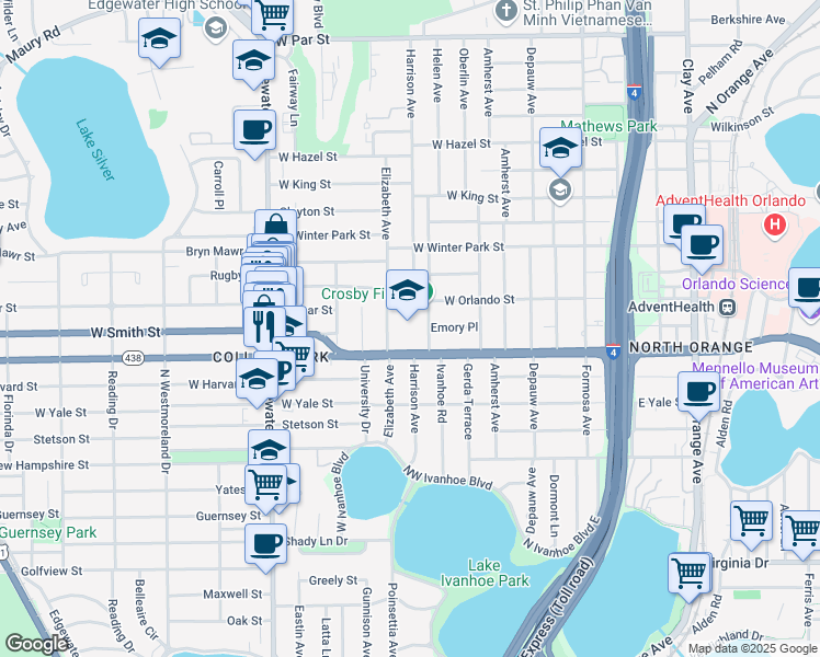 map of restaurants, bars, coffee shops, grocery stores, and more near 311 West Princeton Street in Orlando