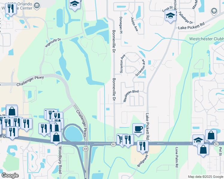 map of restaurants, bars, coffee shops, grocery stores, and more near 1848 Bonneville Drive in Orlando