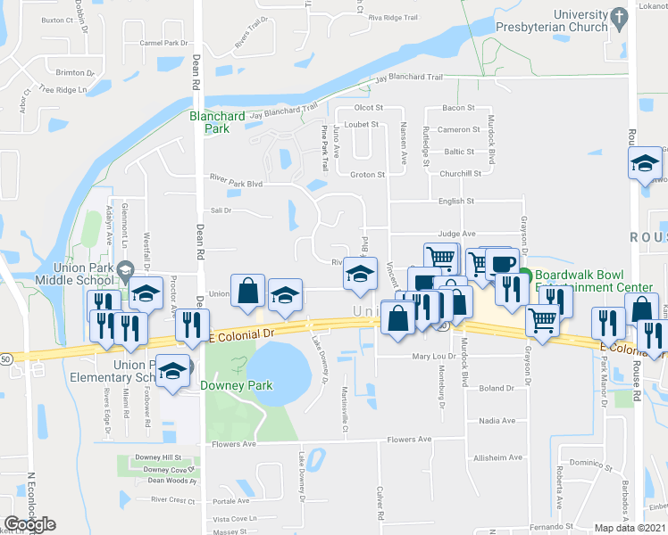 map of restaurants, bars, coffee shops, grocery stores, and more near 2074 River Park Boulevard in Orlando