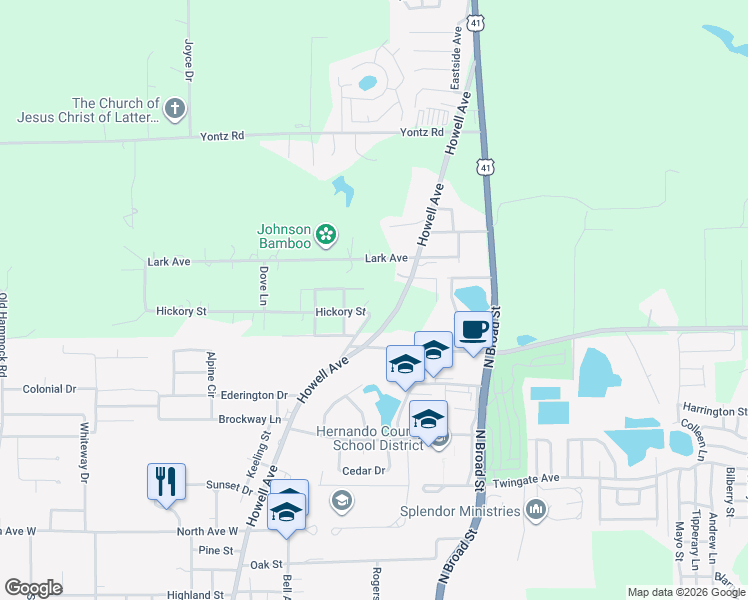 map of restaurants, bars, coffee shops, grocery stores, and more near 200 Hickory Street in Brooksville