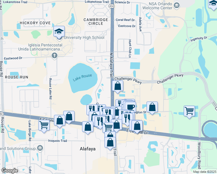 map of restaurants, bars, coffee shops, grocery stores, and more near 2000 North Alafaya Trail in Orlando