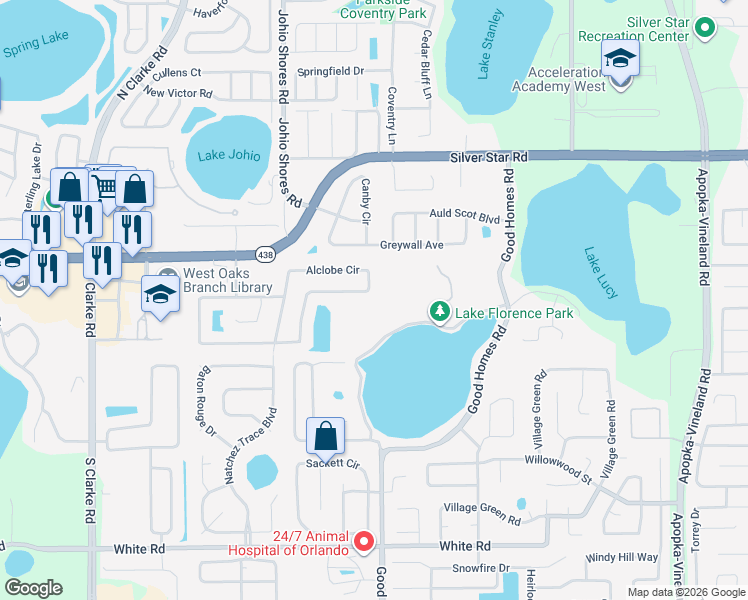 map of restaurants, bars, coffee shops, grocery stores, and more near 2410 Alclobe Circle in Ocoee