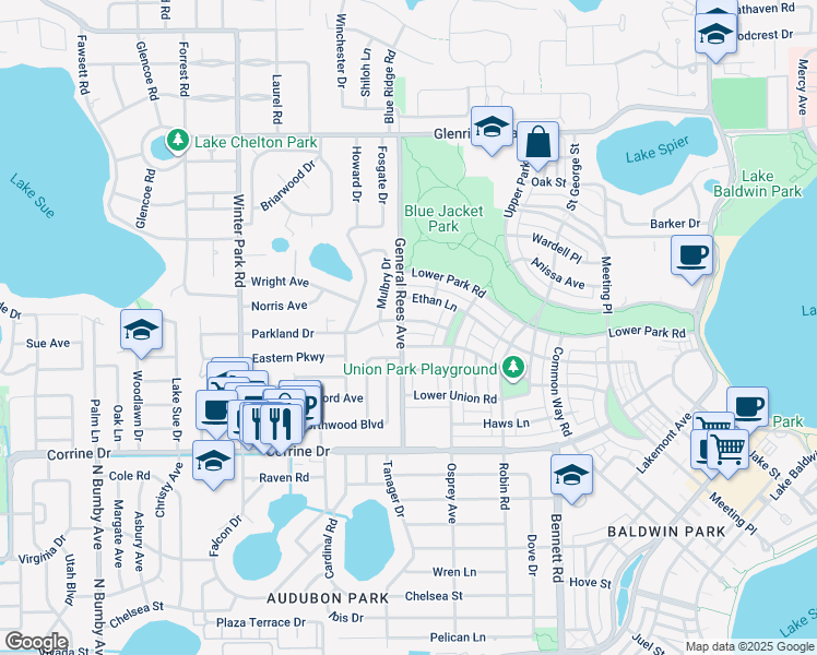 map of restaurants, bars, coffee shops, grocery stores, and more near 3676 Parkland Drive in Orlando