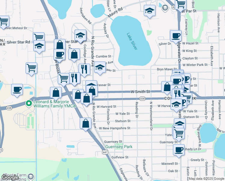 map of restaurants, bars, coffee shops, grocery stores, and more near 1333 West Smith Street in Orlando