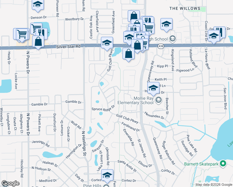 map of restaurants, bars, coffee shops, grocery stores, and more near 5618 Piney Ridge Drive in Orlando