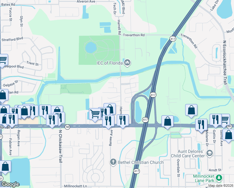 map of restaurants, bars, coffee shops, grocery stores, and more near 8622 Avonshire Road in Orlando