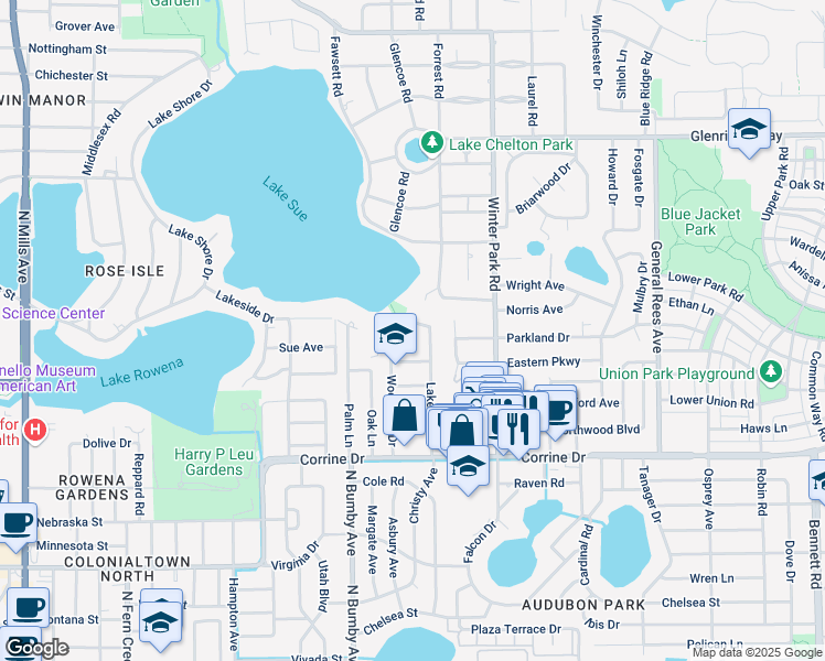 map of restaurants, bars, coffee shops, grocery stores, and more near 2312 Lake Sue Drive in Orlando