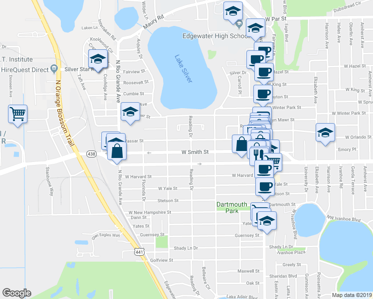 map of restaurants, bars, coffee shops, grocery stores, and more near 1131 West Smith Street in Orlando