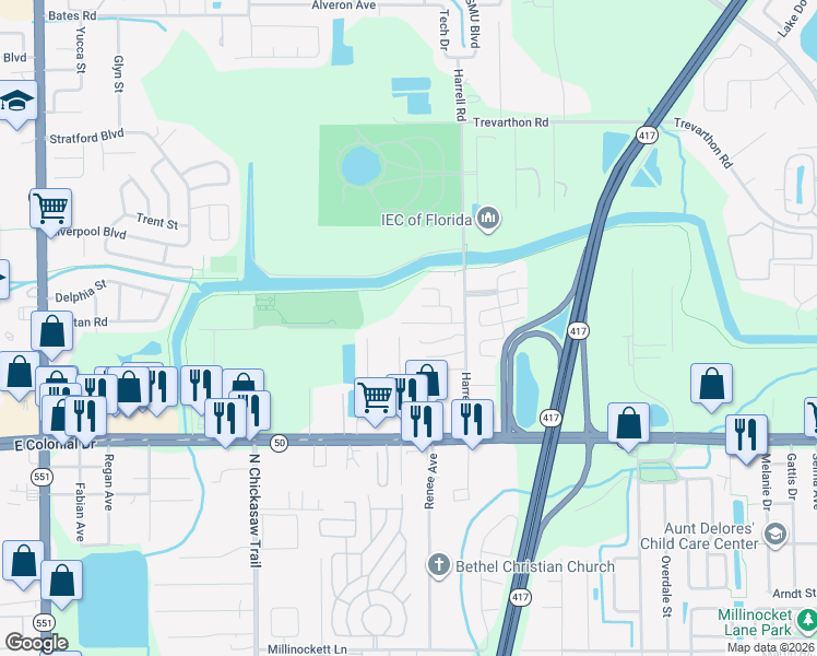 map of restaurants, bars, coffee shops, grocery stores, and more near 8520 Avonshire Road in Orlando