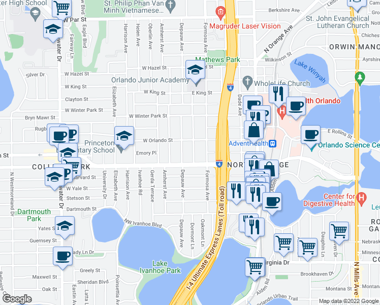 map of restaurants, bars, coffee shops, grocery stores, and more near 2222 Musselwhite Avenue in Orlando