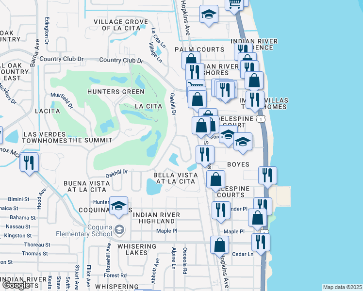 map of restaurants, bars, coffee shops, grocery stores, and more near 622 Waterside Circle in Titusville
