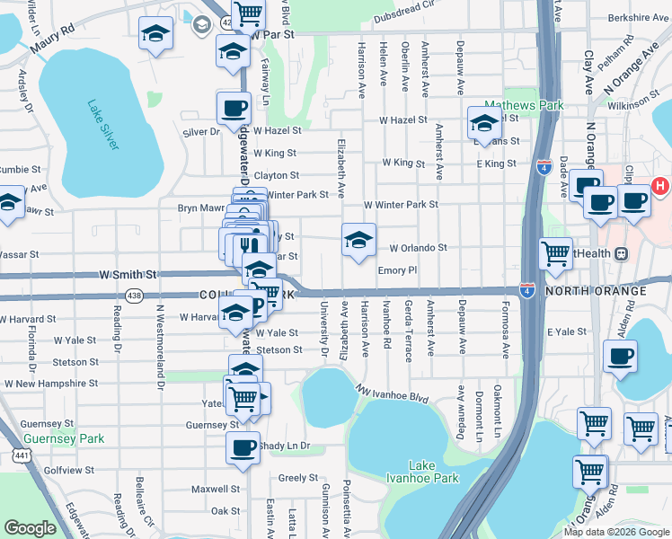 map of restaurants, bars, coffee shops, grocery stores, and more near 2221 Princeton Court in Orlando