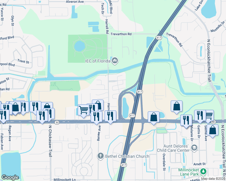 map of restaurants, bars, coffee shops, grocery stores, and more near 8700 Dundee Way in Orlando