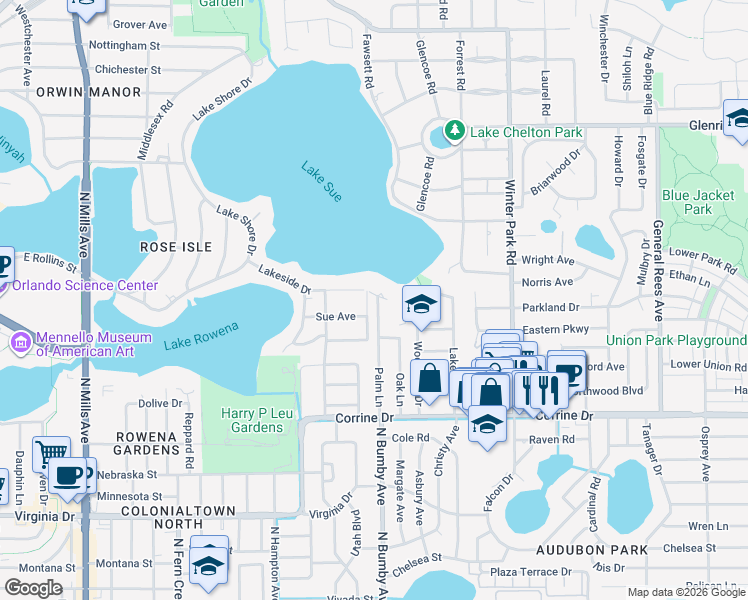 map of restaurants, bars, coffee shops, grocery stores, and more near 2221 Sue Avenue in Orlando