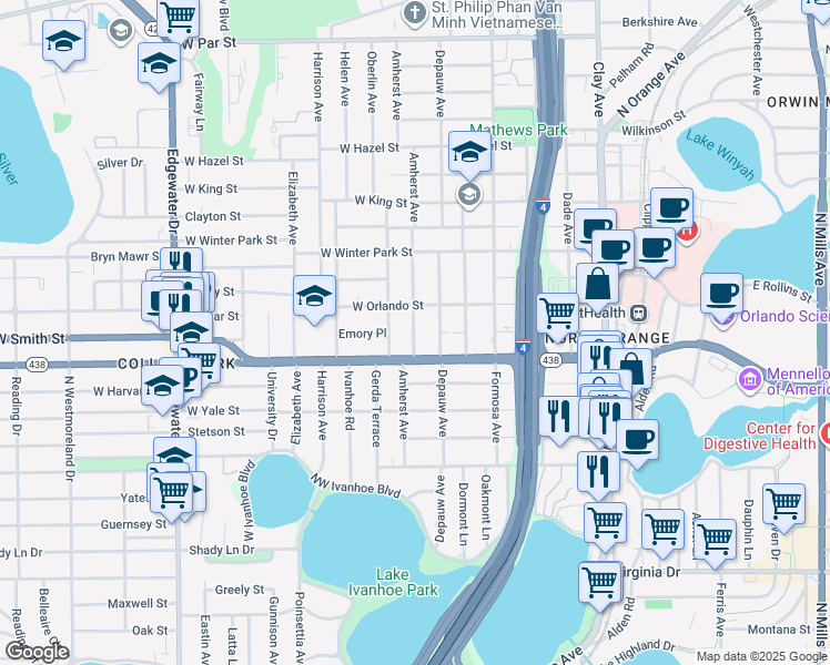 map of restaurants, bars, coffee shops, grocery stores, and more near 2218 Depauw Avenue in Orlando