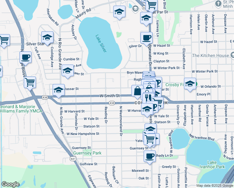 map of restaurants, bars, coffee shops, grocery stores, and more near 1022 West Smith Street in Orlando