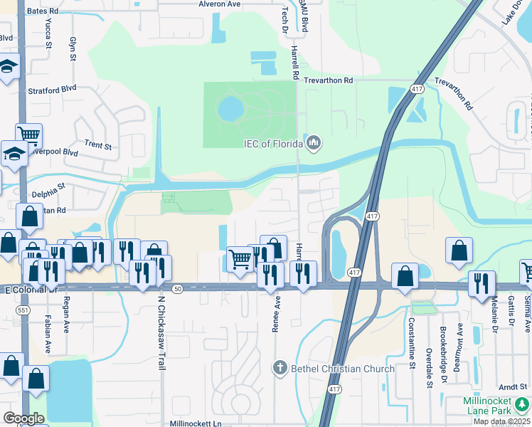 map of restaurants, bars, coffee shops, grocery stores, and more near 8520 Avonshire Road in Orlando