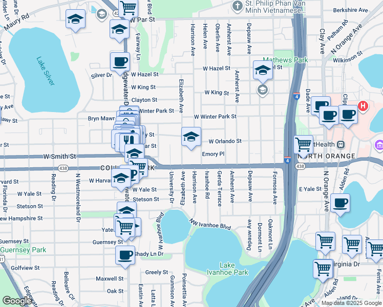map of restaurants, bars, coffee shops, grocery stores, and more near 311 West Princeton Street in Orlando
