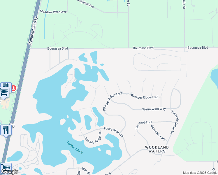 map of restaurants, bars, coffee shops, grocery stores, and more near 11033 Baywind Court in Spring Hill